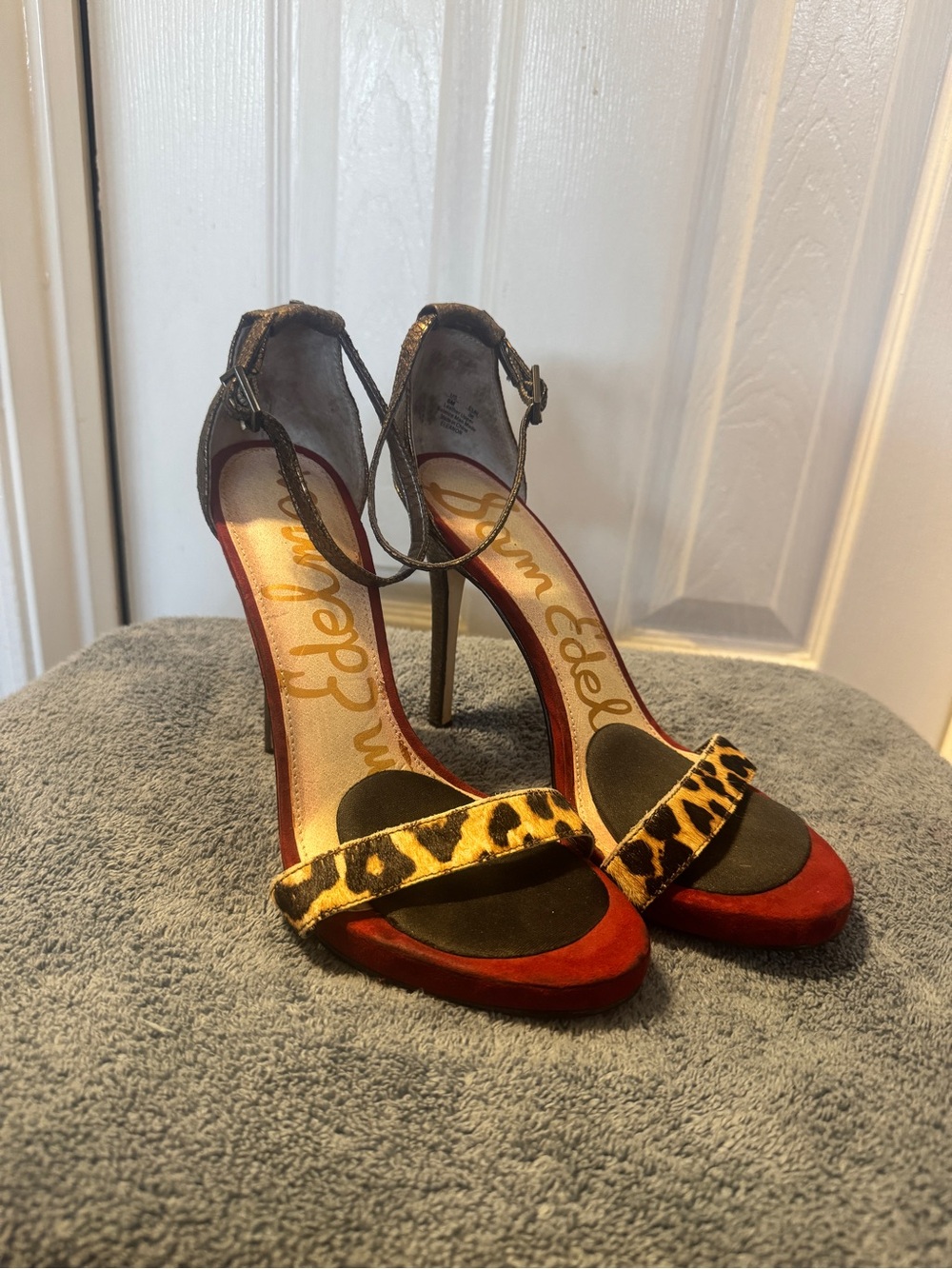 Sam Edelman Red and Leopard Ankle-Strap Stiletto Sandals